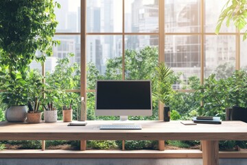 Fototapeta premium Creating a sustainable workspace a minimalist office desk made from recycled wood surrounded by lush greenery in an eco-friendly environment