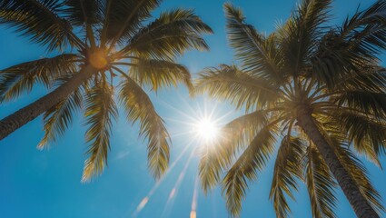 Fototapeta premium Sunlight Streaming Through Lush Palm Tree Leaves Under Clear Blue Sky Creating a Tropical Paradise Atmosphere