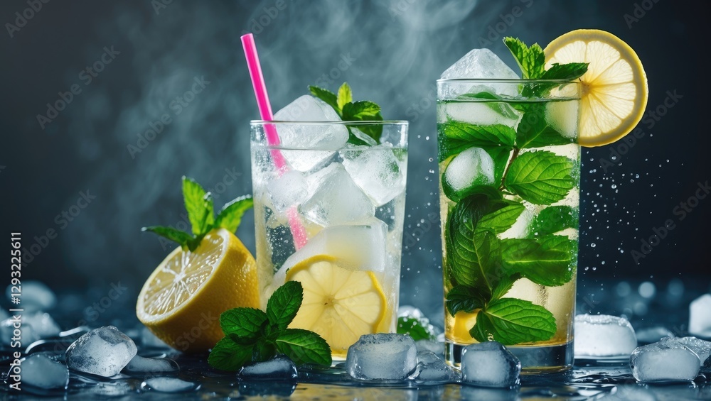 Aufkleber refreshing lemonade drinks with ice mint and lemon slices on a cool background