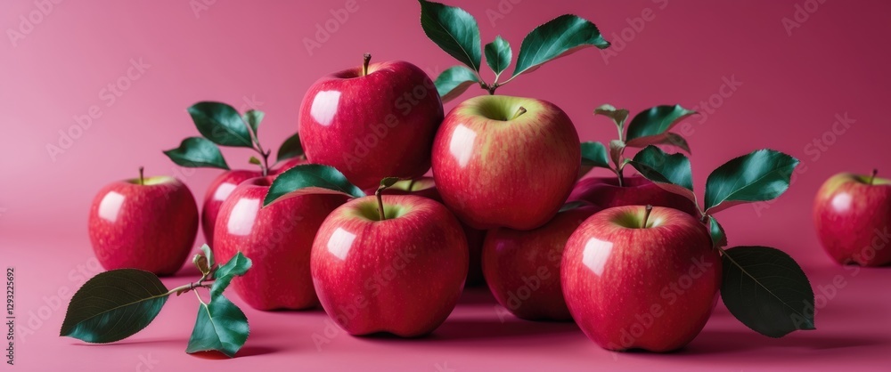 Poster vibrant red apples with green leaves arranged on a soft pink background creating a fresh and appeali