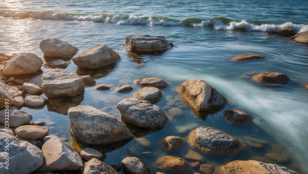 Poster serene shoreline with smooth rocks submerged in clear water reflecting soft sunlight and gentle wave