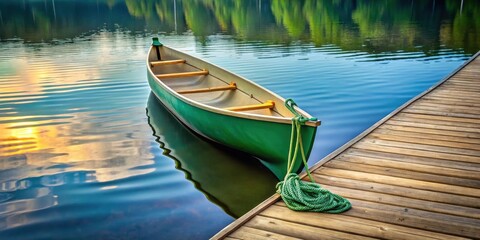 Obraz premium Canoe on Dock with Green Rope, peaceful, dock, peaceful, dock, water, outdoor, calm