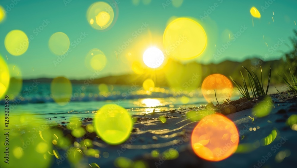 Poster bright summer beach scene with bokeh sunlight effects over gentle waves and sand, creating a warm an