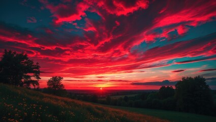 Vibrant sunset over a lush landscape showcasing dramatic red and pink sky with clouds enveloping the horizon at twilight.