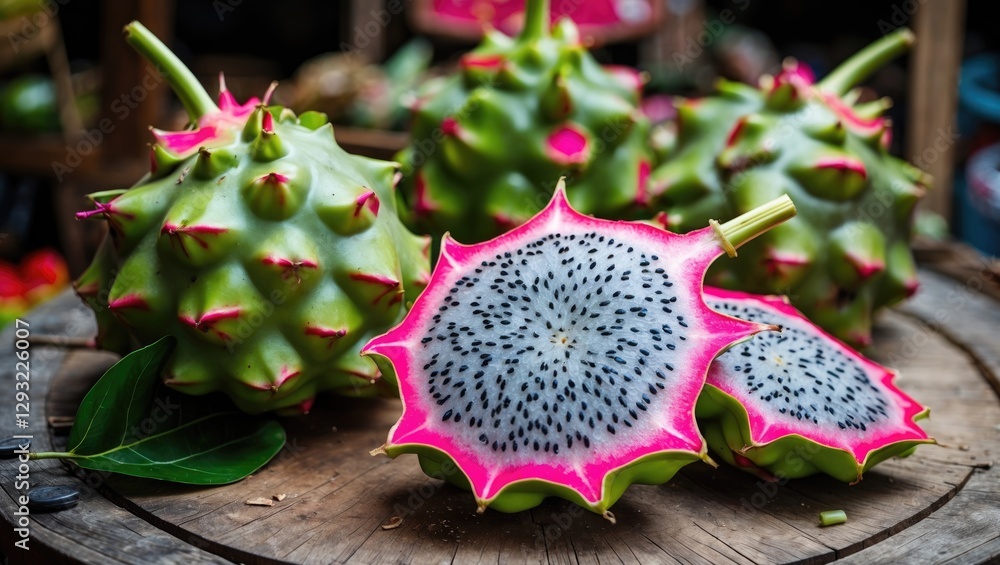 Poster vibrant pitaya or dragon fruit displayed on wooden surface, showcasing its unique texture and color 