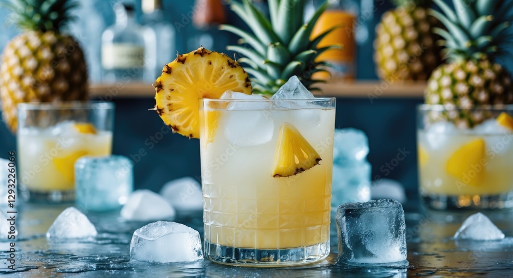 Aufkleber pineapple summer cocktail with ice in bar setting refreshing drink on table with copy space for text
