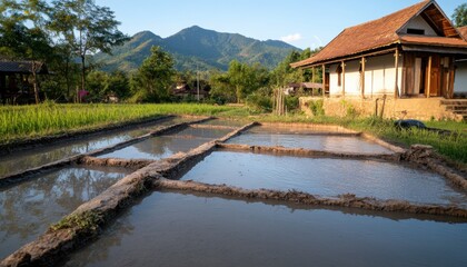 Fototapeta premium Agricultural serenity a laotian rice terrace landscape laos photography tranquil environment scenic viewpoint