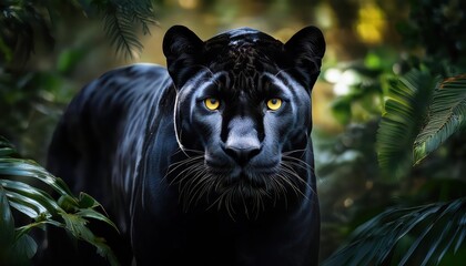 Powerful Black Panther Stalks Through Shadows, Radiating Intense Vigilance and Majesty in a Moonlit Jungle Night