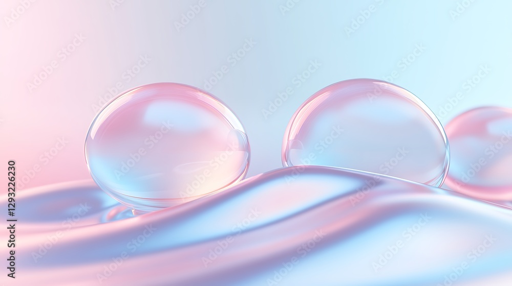 Poster soft reflections of bubble shapes on a pastel gradient background with gentle waves and diffused lig