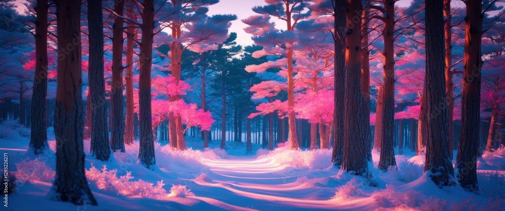Aufkleber winter scenery in jeju saryeoni forest with vibrant pine trees and snow-covered path illuminated by 