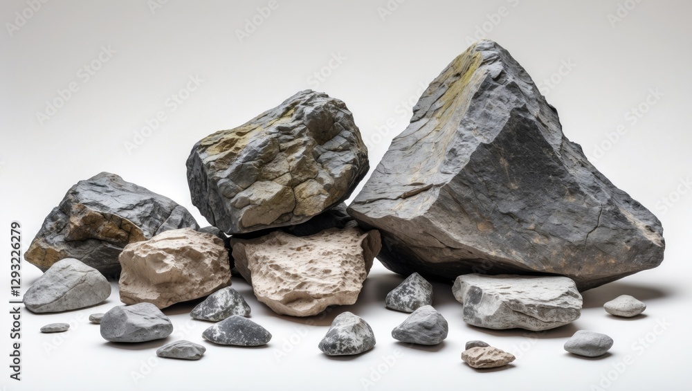 Poster collection of assorted rocks on a neutral background showcasing various textures and colors for geol