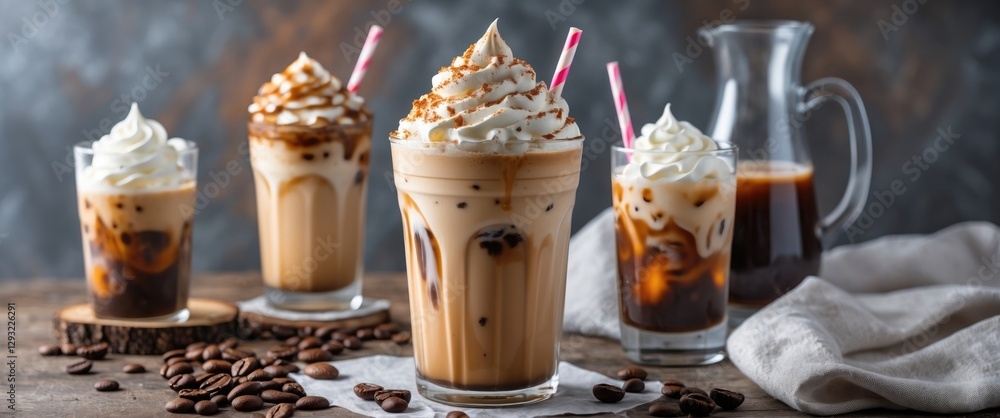 Poster refreshing iced coffee drinks with whipped cream in clear glasses and empty space for text on a rust