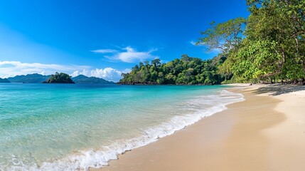 Fototapeta premium Tropical beach with clear blue water and white sand, embodying serene simplicity.