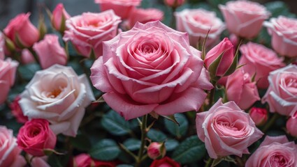 Obraz premium Beautiful assortment of pink roses in a garden setting perfect for Valentine's Day celebrations in Madrid Spain. Ideal for floral themes.