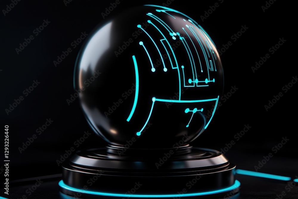 Poster futuristic glowing sphere with circuit patterns showcasing technology and innovation.