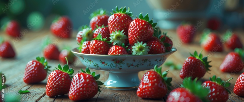 Poster fresh ripe strawberries in decorative saucer surrounded by strawberries on rustic wooden table with 