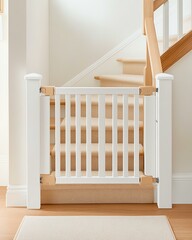 Stylish baby gate securing the stairs, modern safety solution for children and pets, sleek and durable stair barrier for home protection.