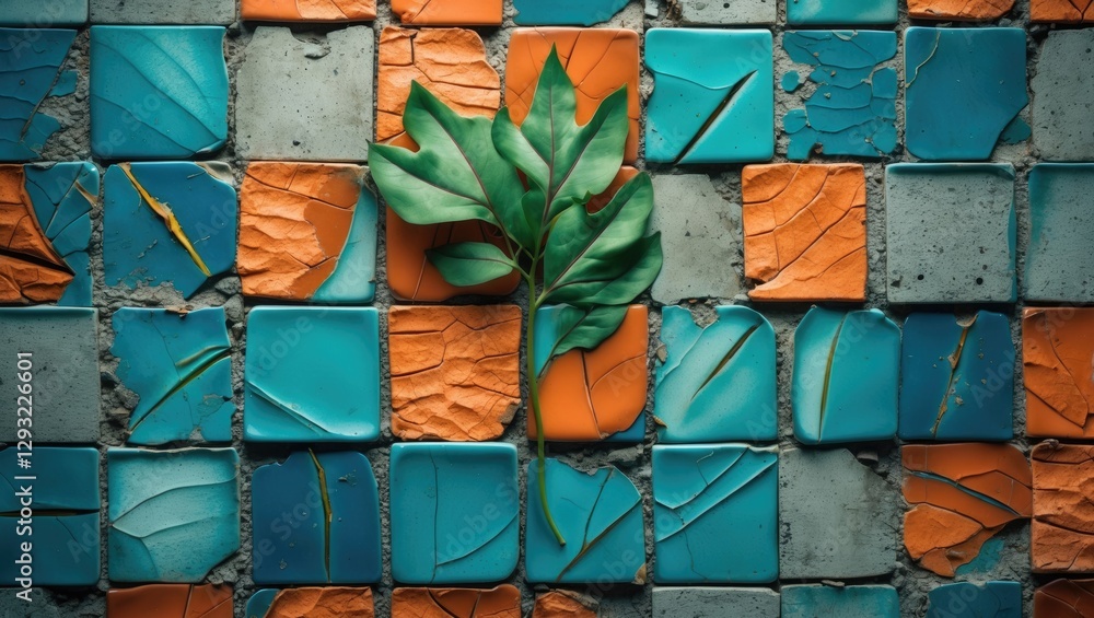 Poster colorful broken tiles with leaf imprint on concrete surface creating a unique textured background. p