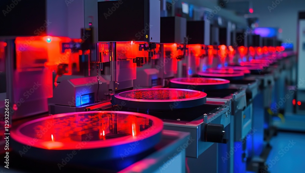 Poster automated high-precision manufacturing: robotic systems process samples with illuminated red light i