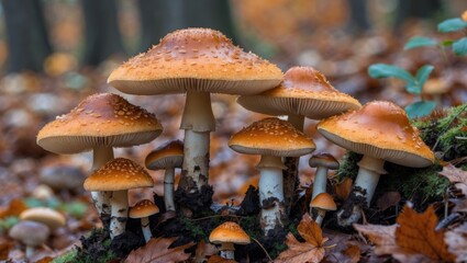 Autumn Fungi Cluster on Forest Floor Surrounded by Fallen Leaves in Wimbledon Common