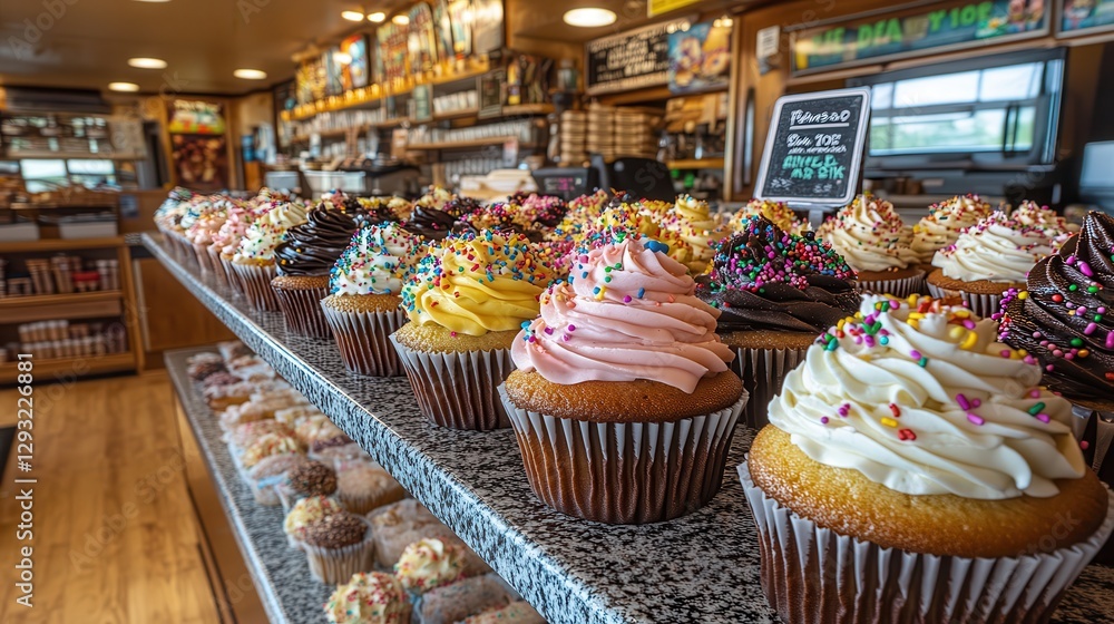 Poster colorful cupcakes displayed in a bakery with sprinkles and icing on a granite counter