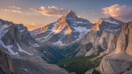 Majestic Rocky Mountain landscape at sunset with towering peaks and serene valley creating a breathtaking travel destination in nature.