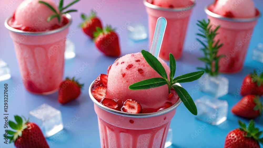 Poster refreshing strawberry pop ice garnished with rosemary leaves in colorful cups with ice cubes and emp