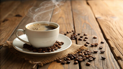 steaming cup of freshly brewed coffee sits on rustic wooden table, surrounded by coffee beans. warm aroma and inviting steam create cozy atmosphere perfect for relaxation