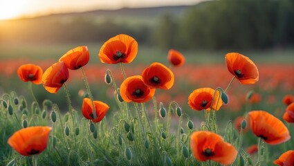 Obraz premium Vibrant Red Poppies Blooming in Summer Sunshine with Lush Green Foliage in a Scenic Field Setting