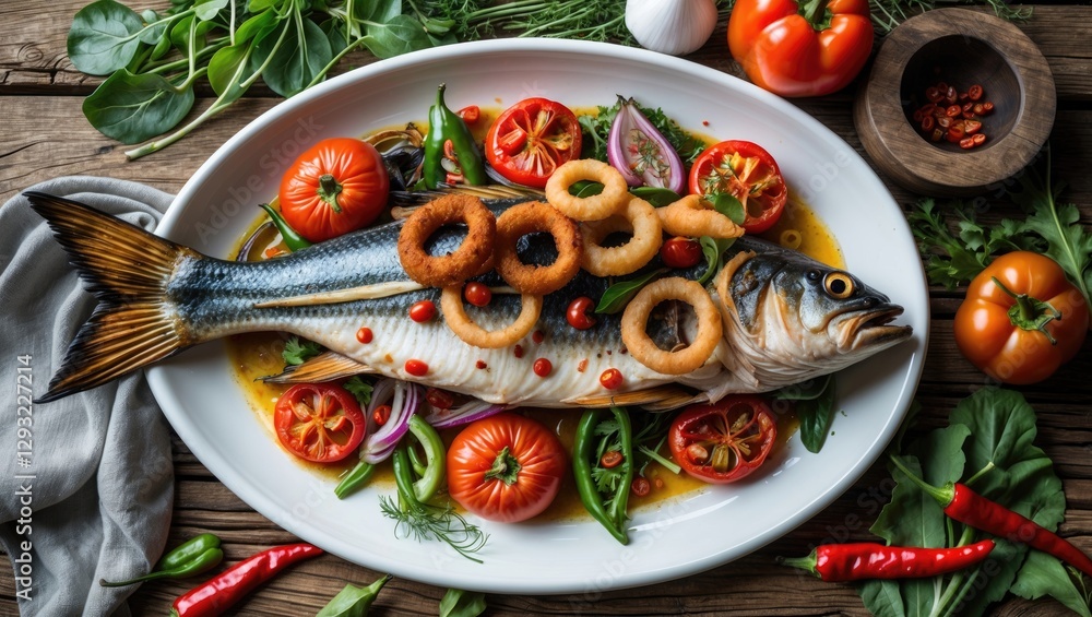 Aufkleber baked whole fish with fresh vegetables and spices garnished with onion rings on a rustic table with 