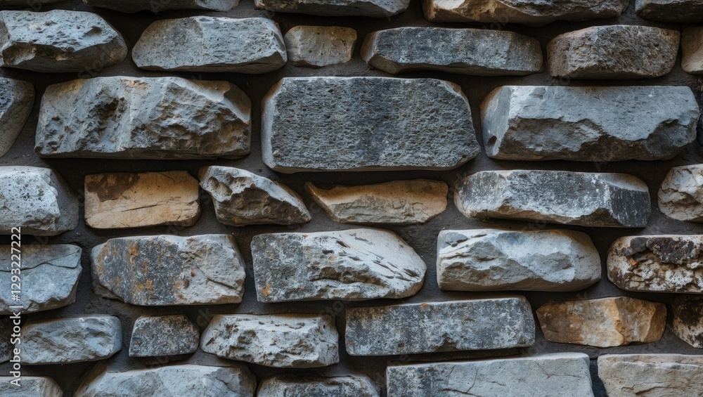 Poster textured stone wall with varying sizes and shapes of stones creating a rustic and natural appearance