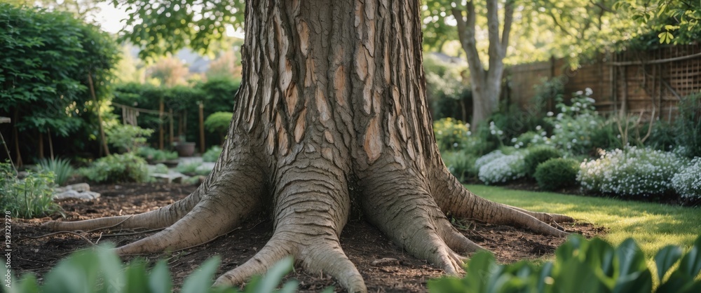 Poster tree trunk in a lush garden setting showcasing textured bark and greenery with ample copy space for 