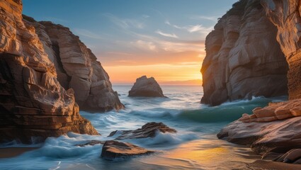 Sunset over rocky coastal landscape with gentle waves and vibrant sky creating a serene natural scene in shallow focus.