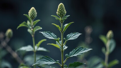 Mullein plant close-up showcasing leaves and buds against a moody dark background emphasizing its natural beauty and medicinal properties.