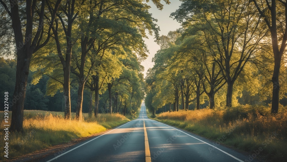 Poster serene summer roadway surrounded by lush trees with open space for text and imagery in a tranquil na