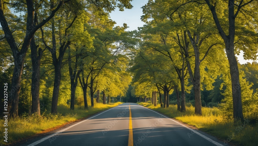 Poster tree-lined roadway in summer with abundant greenery and clear skies featuring ample copy space for t