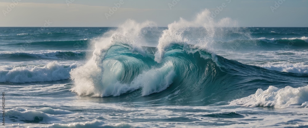 Poster dynamic ocean waves crashing in turquoise waters with white foam against a calm horizon under soft a