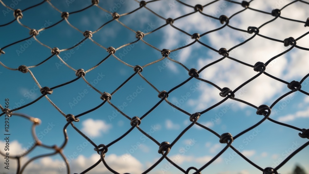 Poster close-up view of wire mesh against a bright blue sky with soft clouds creating a contrast between in