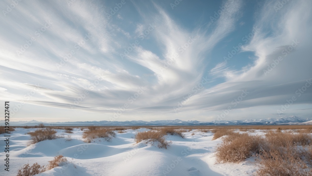 Aufkleber serene winter landscape with sweeping clouds and snow-covered terrain under a bright sky creating a 