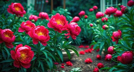 Fototapeta premium Lush red peonies blooming in a vibrant garden setting with lush green foliage and scattered petals creating a picturesque floral landscape.