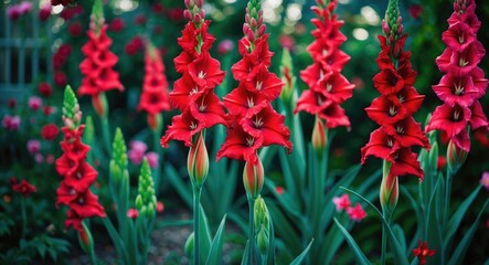 Vibrant red gladiolus flowers blooming gracefully in a lush garden with colorful blooms and green foliage surrounding them.