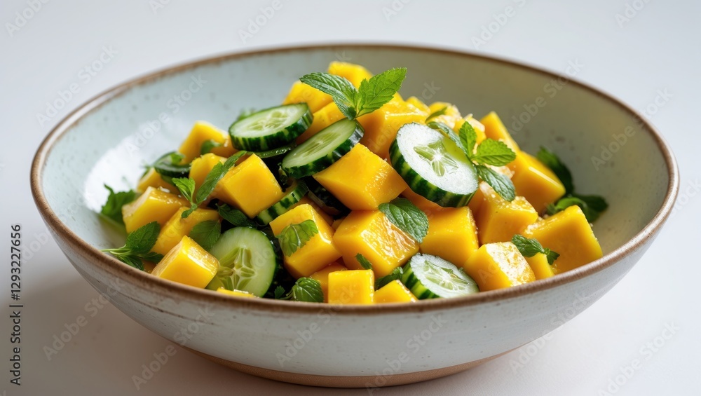 Poster vibrant mango cucumber salad in bowl with fresh mint leaves and blank space for custom text