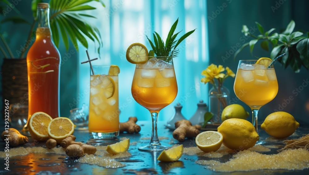 Poster refreshing ginger ale and lemonade cocktail setup with natural ingredients and empty space for text