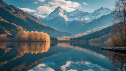 Papier peint photo Le salon Tranquil Mountain Reflection in Calm Lake Surrounded by Lush Forest and Autumn Foliage Under Clear Blue Skies  © Holo Frame