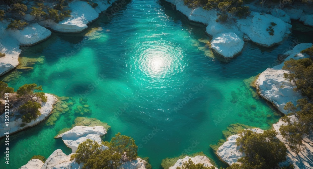 Poster aerial view of serene turquoise waters with sunlight reflection and natural shoreline creating space