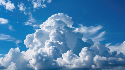 Fluffy white cumulus clouds floating against a vivid blue sky creating a serene and peaceful atmosphere for backgrounds and landscapes.