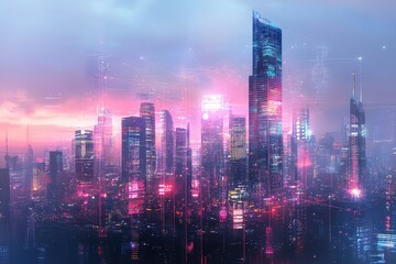 Fototapeta premium A high-tech skyline with neural connections, illustrating the digital transformation of modern cities.