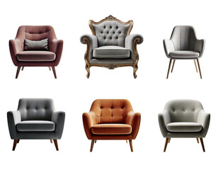 Armchair set isolated on transparent background, A modern and  Vintage inspired furniture comfortable armchair transparent background