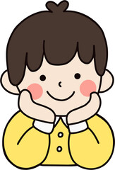 kindergarten boy in a neat school uniform, resting his chin on his hands with a curious and innocent expression. Great for educational, school, and learning-related designs.