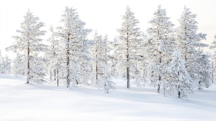 Fototapeta premium Snowy forest in Lapland, a serene winter wonderland of tranquility and purity.